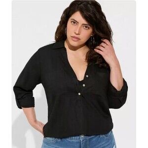 Torrid Blouse Sz M/L Black Linen Blend Pocket Henley Roll Tab Long Sleeve Career
